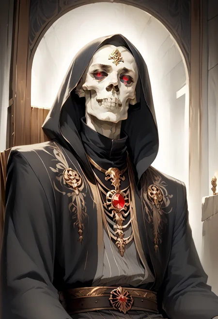 8k, score_9, score_8_up, score_7_up, Art Noveau, masterpiece, 1man (skeleton), (skull face), empty eye sockets, glowing red eyes, grey skin,
intricate black robe, intricate gold sash, black pants, black hood, gold trim, black capelet, high collar, no ears, long sleeves, long intricate gloves, emerald amulet. bracers,
sitting on throne, dark ruined palace, indoors,
1dk, portrait, Art Noveau, Noveau, skeleton, glowing eyes, black sclera, empty eyes, FFAOR, sharp_LASCALAE, ultra sharp focus,