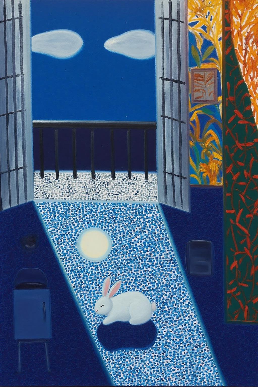 mawo1 painting. A painting with a vibrant, abstract style. The scene depicts an room with an open door to a balcony at night. The background features a night sky with clouds and a half moon. The foreground is dominated by a blue and white tiled floor, with a pattern of irregular shapes and lines that create a sense of movement and depth. The is a bright patch of light on the floor, illuminating a a white baby rabbit sleeping on it. <lora:mawo1_cap_d6a3e12:1.0><lora:821400529864433245:0>