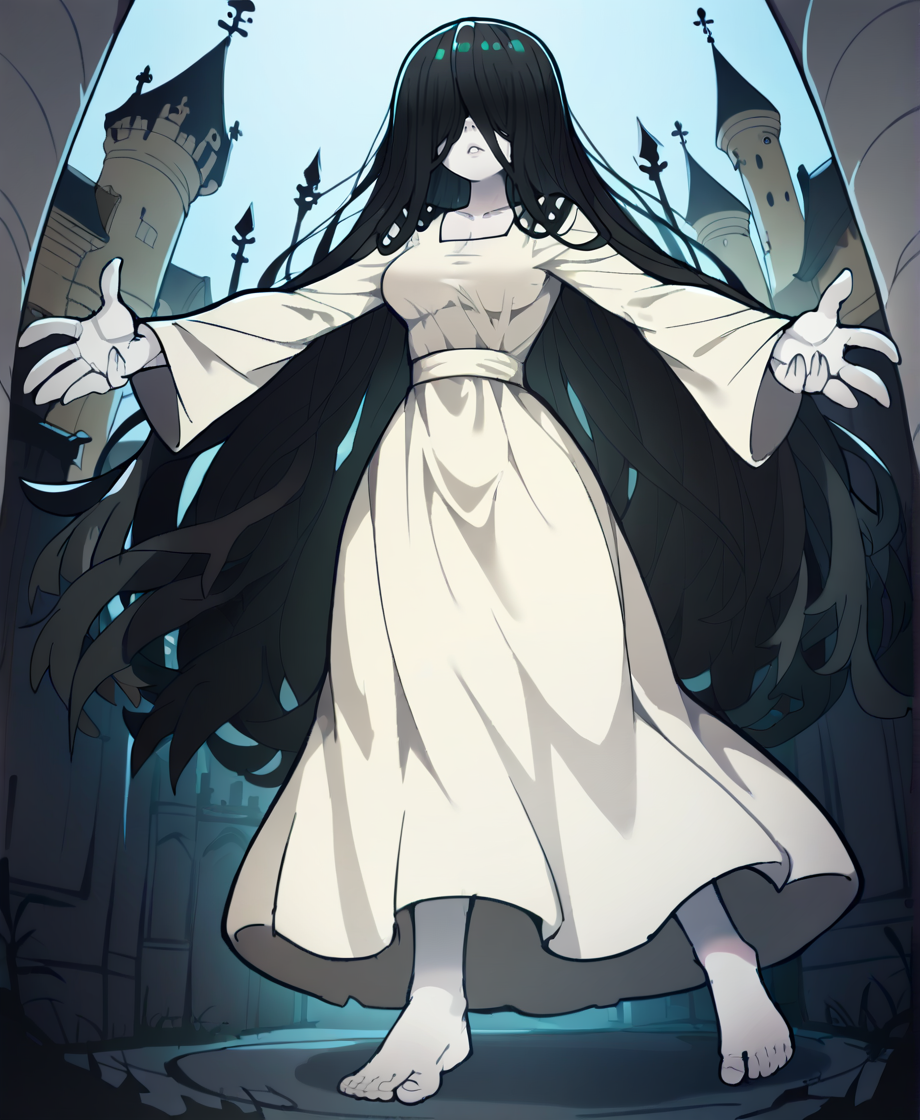 score_9_up, score_8_up, score_7_up, rating_safe, dynamic pose, full body, from below, 1girl, Yamamura Sadako, very long hair, black hair, hair over eyes, covered eyes, pale skin, medium breasts, white dress, long dress, long sleeves, collarbone, barefoot
, outdoors, a gothic castle in the background, <lora:Slammo_Artstyle:1>, source_cartoon