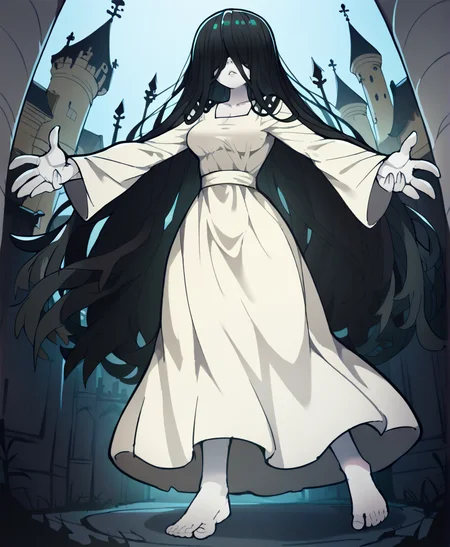 score_9_up, score_8_up, score_7_up, rating_safe, dynamic pose, full body, from below, 1girl, Yamamura Sadako, very long hair, black hair, hair over eyes, covered eyes, pale skin, medium breasts, white dress, long dress, long sleeves, collarbone, barefoot
, outdoors, a gothic castle in the background, <lora:Slammo_Artstyle:1>, source_cartoon