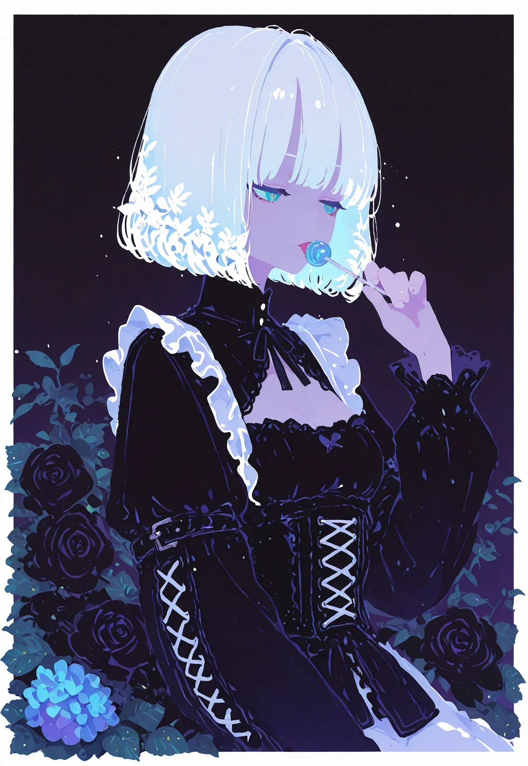masterpiece, best quality, good quality, newest, highres, absurdres,
pastel cyan eyes, white hair, bob cut,
victorian black maid dress, frilled skirt, half closed eyes, dazed, emotionless, small breasts, cleavage,
1girl, solo, upper body, roses, hand up, licking lollipop, looking to the side, leaf, red roses, black roses, gradient red background with thick white border,
hydrangea, laced sleeves, Ethereal Brushstroke, Flat vector illustration, rakugakingu,