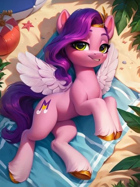 score_9, score_8_up, score_7_up, mlp_g5, my little pony, solo, pony, 1girl, pipp petals, lidded eyes, wings, wide hips, lying down, beach, ear tufts, long eyelashes, outdoors, best quality, high detailed, sharp lines, shaded
<lora:mlp_g5>