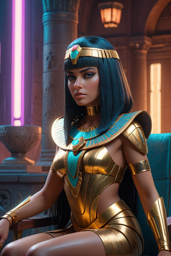 Tranquil Relaxing Atmosphere, <lora:DDR_Fashion:0.5> Cleopatra, reimaged in a cyberpunk universe, cyberpunk style, augmentation, cinematic scene, hero view, action pose, beautiful 8k, masterpiece, best quality, high quality, absurdres <lora:add-detail-xl:1> <lora:DetailedEyes_V3:1>, calming style, soothing colors, peaceful, idealic, Tranquil Relaxing Atmosphere