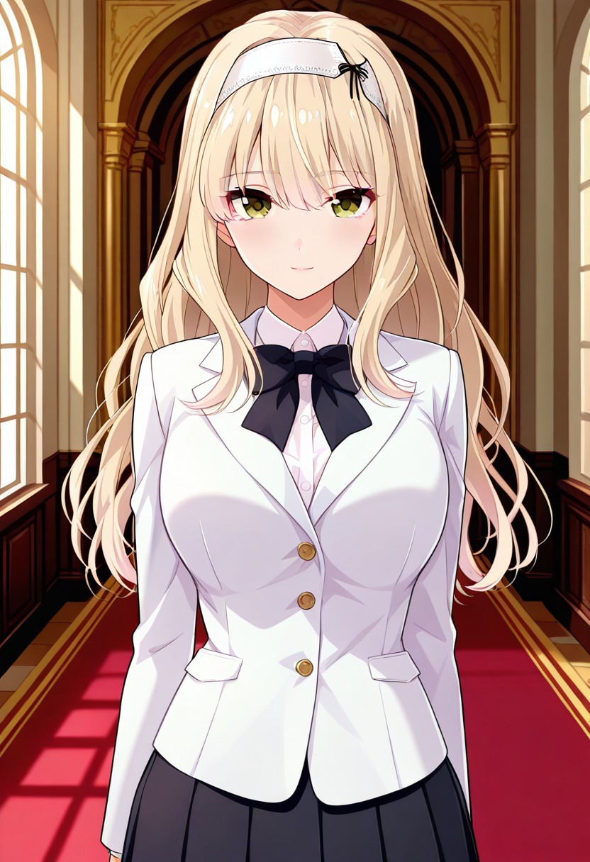 absurdres, best quality, masterpiece, amazing quality, highres, newest, detailed, source anime, anime coloring, beautiful, indoors, mansion,
BREAK
1girl, solo, standing, KijHyou, brown eyes, blonde hair, long hair, white hairband, wavy hair, light smile, light blush, looking at viewer,
White jacket, white inner shirt, black skirt, pleated skirt, black bowtie