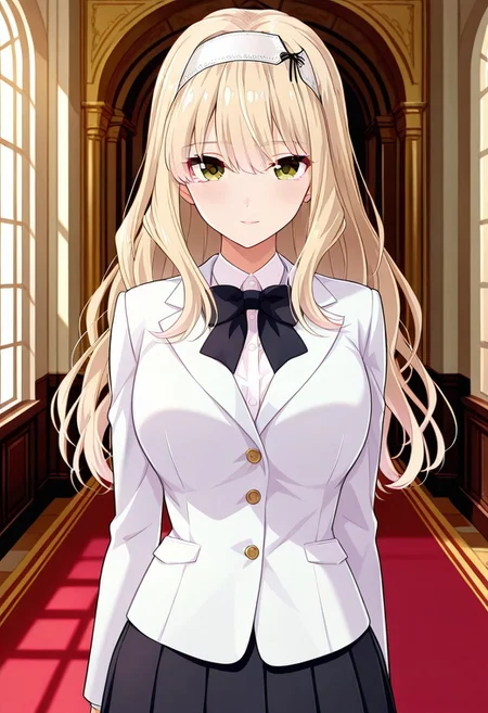 absurdres, best quality, masterpiece, amazing quality, highres, newest, detailed, source anime, anime coloring, beautiful, indoors, mansion,
BREAK
1girl, solo, standing, KijHyou, brown eyes, blonde hair, long hair, white hairband, wavy hair, light smile, light blush, looking at viewer,
White jacket, white inner shirt, black skirt, pleated skirt, black bowtie