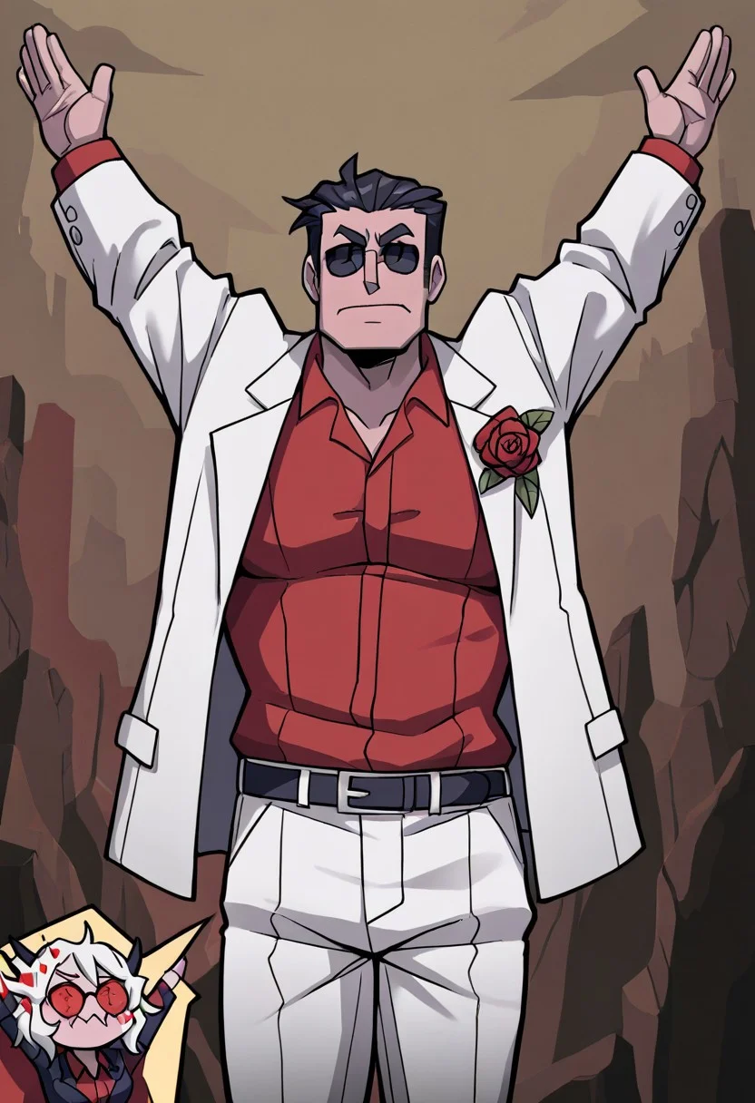 masterpiece, best quality, newest, absurdres, highres,  anime, anime style, PraiseTS-V1.0, \o/,  outstretched arms, praise the sun,  arms up, 1boy, helltaker \(helltaker\), black hair, short hair, muscular, muscular male,
sunglasses, glasses, 
white jacket, white pants, black belt, red shirt, formal clothes, flower in clothes, open jacket