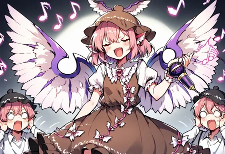 score_9, score_8_up, score_7_up, masterpiece, best quality, detailed, perfect, perfection, vibrant, gorgeous, 
BREAK
mystia, wings, brown headwear, short hair, hat, animal ears, puffy sleeves, dress, pink hair, brown dress, cowboy shot, frills, pink eyes, juliet sleeves, jewelry, shirt, winged hat, bangs, hair between eyes, white wings, white shirt, bird wings, feathered wings, earring, frolled dress, frilled sleeves, 
BREAK
bad singing,crowd,happy,grimace,(hands on own ears:1.2),music,noisy musical note, multiple boys,screaming,closed eyes,blank eyes,holding microphone,