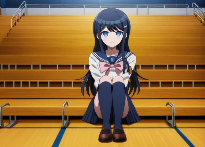 <lora:Sayaka_Maizono_SDXL:1>, (((blue socks))), This is an anime screencap from Danganronpa 3. (((blue socks))), Sayaka Maizono wearing her uniform from Danganronpa 1. She has her long blue hair down. She is wearing the white and blue Hope's Peak Academy uniform with a bright white top. Her sleeves reach her wrists. She's wearing a light pink ribbon. She has a short, pleated, blue skirt. Sayaka Maizono wears navy blue thigh-high socks. Her footwear is dark brown Mary Janes shoes. Sayaka Maizono is looking at the camera. The background is bleachers at Hope's Peak's gymnasium. The lighting is soft and warm.