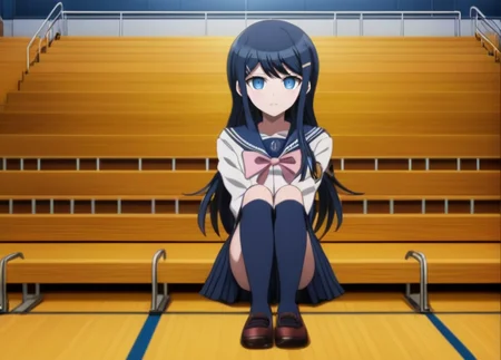 <lora:Sayaka_Maizono_SDXL:1>, (((blue socks))), This is an anime screencap from Danganronpa 3. (((blue socks))), Sayaka Maizono wearing her uniform from Danganronpa 1. She has her long blue hair down. She is wearing the white and blue Hope's Peak Academy uniform with a bright white top. Her sleeves reach her wrists. She's wearing a light pink ribbon. She has a short, pleated, blue skirt. Sayaka Maizono wears navy blue thigh-high socks. Her footwear is dark brown Mary Janes shoes. Sayaka Maizono is looking at the camera. The background is bleachers at Hope's Peak's gymnasium. The lighting is soft and warm.