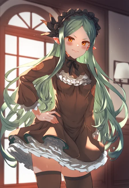 asanagi,  (score_9, score_8_up, score_7_up, :1.2)  detailed, highres, absurdres, a girl standing indoors, 1girl,   solo, standing, looking at viewer,  hand on hip, contrapposto , indoors,
bronze metal decorations on dress, long hair, thighhighs, dress, very long hair, brown dress, frills, long sleeves, orange eyes, green hair, hairband, blush, bangs, pointy ears, frilled dress, headdress, bow, hair ornament, parted bangs, petticoat, black hairband, ribbon, brown thighhighs, neck ribbon, breasts,frilled hairband, skirt, mecha musume, frilled skirt, frilled sleeves,layered dress, [[bonnet, ]]small breasts, jewelry, [[[fang]]], v-shaped eyebrows, zettai ryouiki,
[[hands]], rating_safe   <lora:sdxl_asanagi_v1:0.4>     <lora:Vyrmedea40EpochPonyTest:1>
