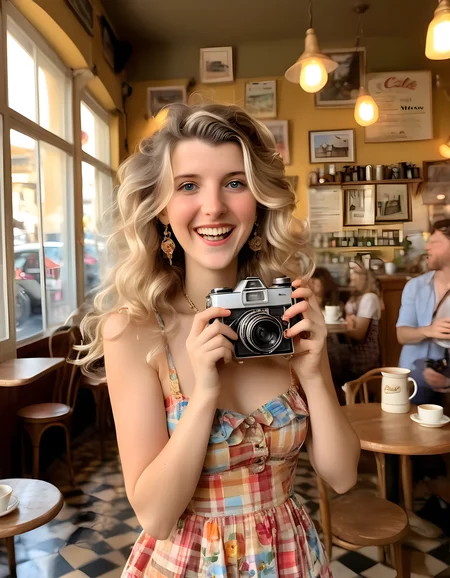 AmeliaGabs, a radiant woman with cascading dark waves, adorned in a vibrant floral sundress and multiple layers of intricate jewelry, is captured mid-smile, her pearly teeth gleaming, as she holds a vintage camera aloft, gazing directly at the viewer. The scene unfolds in a quaint, sunlit French cafe, with warm golden light streaming through the open windows, casting dappled shadows on the distressed wooden tables and colorful checked floor tiles, while the soft aroma of freshly brewed coffee wafts through the air, creating an inviting and intimate atmosphere.