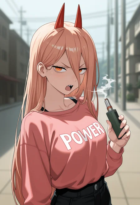 masterpiece, best quality, hires, absurdres, anime screenshot, 1girl, solo, power \(chainsaw man\), chainsaw man, looking at viewer, annoyed, open mouth, <lora:Vape_Illustrious:0.8>, v4pe, holding vape, vapor, depth of field, blurry background
