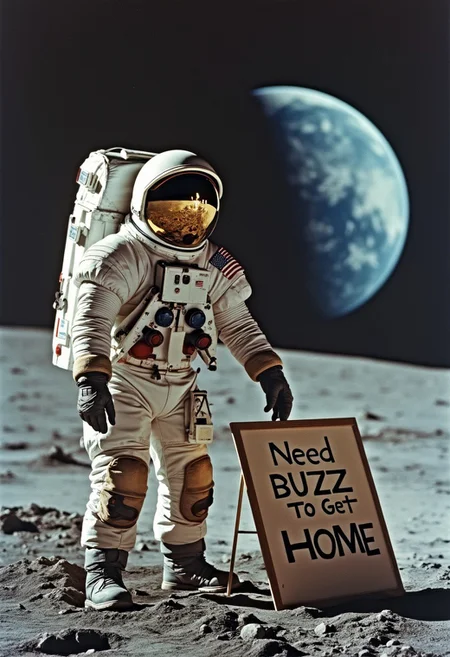 Buzz Aldrin sitting on the moon in front of the Lunar Lander, holding a sign that reads "Need BUZZ to get home", the Earth is seen in the background