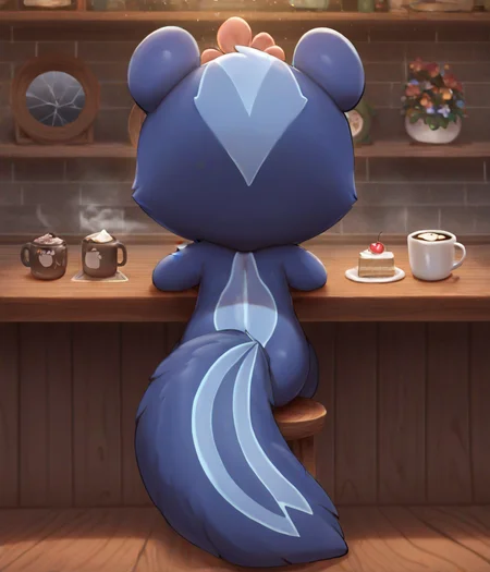 masterpiece, best quality, safe, furry female, solo, petunia, chibi, blue fur, skunk, flower, cafe, coffee, mug, cream, cherry, beautiful, light shafts, dawn, crack of dawn, dense atmosphere, busy, detailed background, rear view, cinematic, detailed, shading (art by ishiru:1.2)
