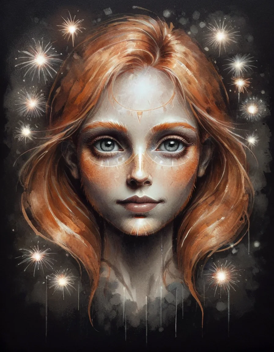 human beauty,characteristic portrait of a lovely ginger woman,caricature,spirituality, femininity, kindness, mercy,beauty, softness,big beautiful eyes,out of this world, simple charcoal sketch,soft smile, tinted paper,trending on artstation, by Guy Denning, centered, symmetry, painted, intricate, volumetric lighting, beautiful, rich deep colors masterpiece, sharp focus, ultra detailed, in the style of dan mumford and marc simonetti <lora:ral-firworx:1> ral-fireworx