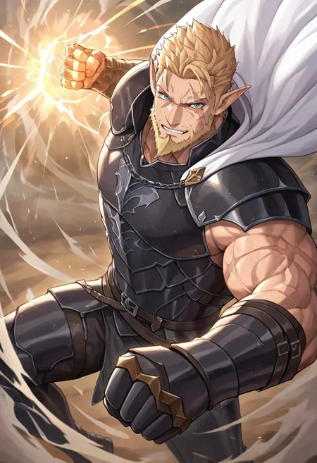 masterpiece, best quality, newest, absurdres, highres,
INCPUV1.0, punching, incoming attack, incoming punch,
1boy, manly, elf, beard, muscular male, blonde, blonde hair, pointy ears, scar, scar on face, armor, cape, chestplate, chest armor, black armor, black leather, white cape,