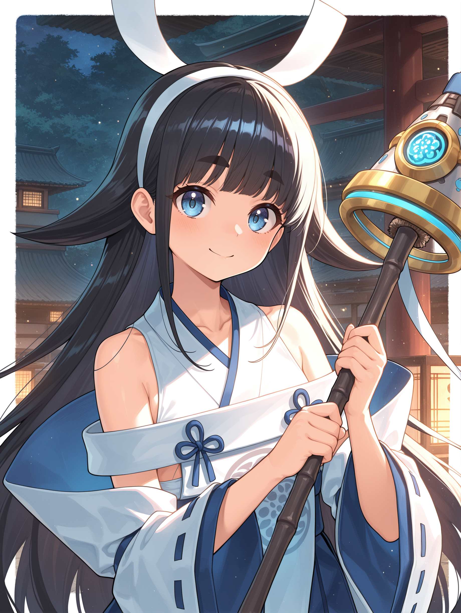 shinonome the vaylantz priestess, 1girl, solo, smile, looking at viewer, thick eyebrows, collarbone, multicolored background, bare shoulders, closed mouth, white broom, holding white broom, two-handed, sidelocks, white hairband, white ribbon-trimmed sleeves, white sleeveless kimono, blue hakama skirt, white border, white breast curtain,
masterpiece,best quality,amazing quality,very aesthetic,absurdres,newest,scenery,extreme detail,8k,light particles,soft lighting,volumetric lighting,intricate details,finely detailed,detailed eyes,<lora:Shinonome the Vaylantz Priestess illusXL v1.1:0.75>,