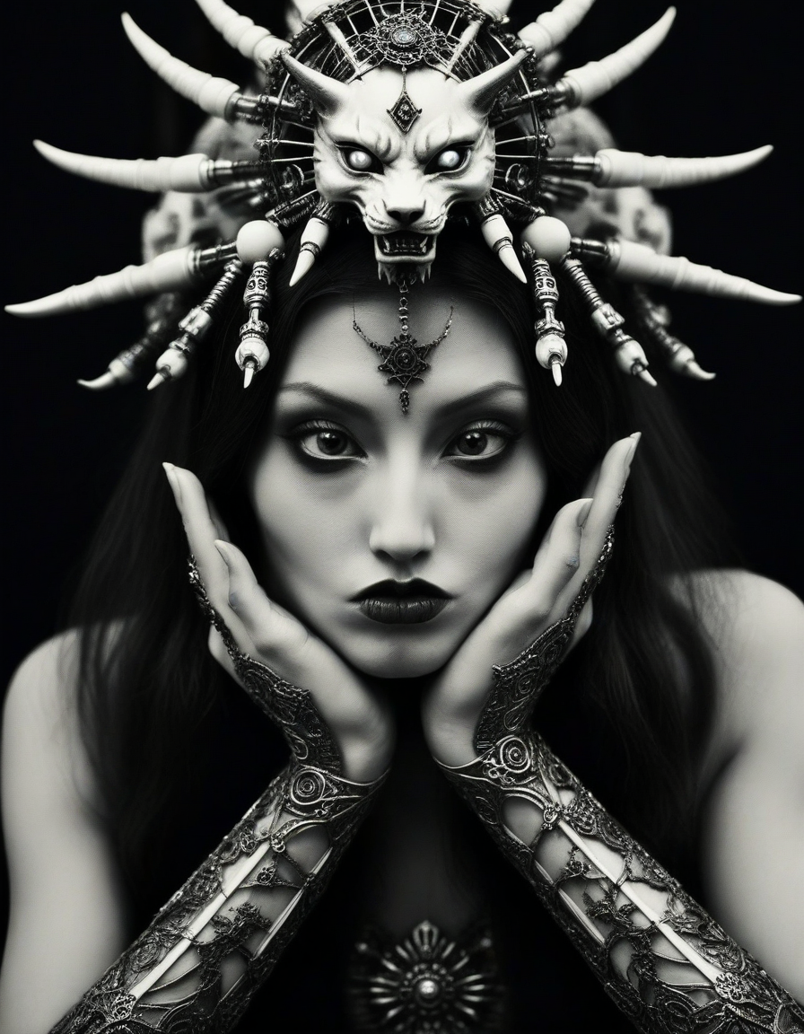 making a ral-grmce face, closeup shot, stylized by Vania Zouravliov, photograph, (Female of Bliss:1.1) , holding hands with Amaterasu, Robotic Legs, intricate, dark, macabre, <lora:ral-grmce-sdxl:0.75>, very inspirational, pure, surreal, contemporary fine detail, epic, fantastic aesthetic, perfect composition, intense