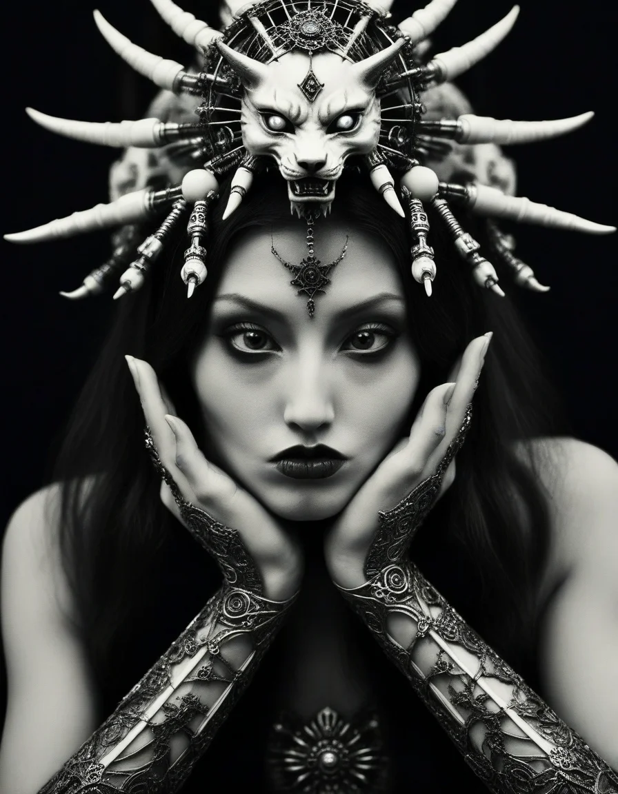making a ral-grmce face, closeup shot, stylized by Vania Zouravliov, photograph, (Female of Bliss:1.1) , holding hands with Amaterasu, Robotic Legs, intricate, dark, macabre, <lora:ral-grmce-sdxl:0.75>, very inspirational, pure, surreal, contemporary fine detail, epic, fantastic aesthetic, perfect composition, intense