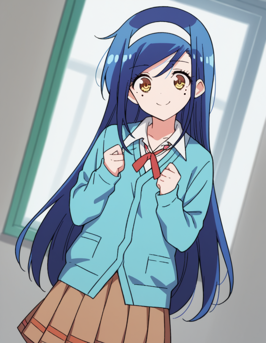 score_9, score_8_up, score_7_up, source_anime, <lora:fumino-furuhashi-s2-ponyxl-lora-nochekaiser:1>, fumino furuhashi, long hair, brown eyes, blue hair, yellow eyes, hairband, mole, mole under eye, white hairband,, skirt, shirt, long sleeves, school uniform, pleated skirt, kneehighs, neck ribbon, brown skirt, cardigan, blue cardigan, collared shirt,, indoors, smile, looking at viewer, solo,, cowboy shot, dutch angle