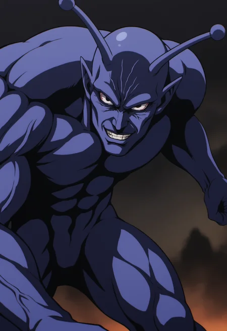 solo_focus, vaccineman_onepunchman, monster, purple skin,black eyes, pointy ears, white_sclara, antennae, veiny, score_8_up, score_7_up, score_6_up, score_9, manly, muscular, stocky body, big muscle, big arms, middle-age man, a man on ruin street, broken building,  dark sky, centered, face_focus, detailed eyes, 8k uhd, high quality, fight pose, from behind, evil_grin, smile, close up, looking at viewer