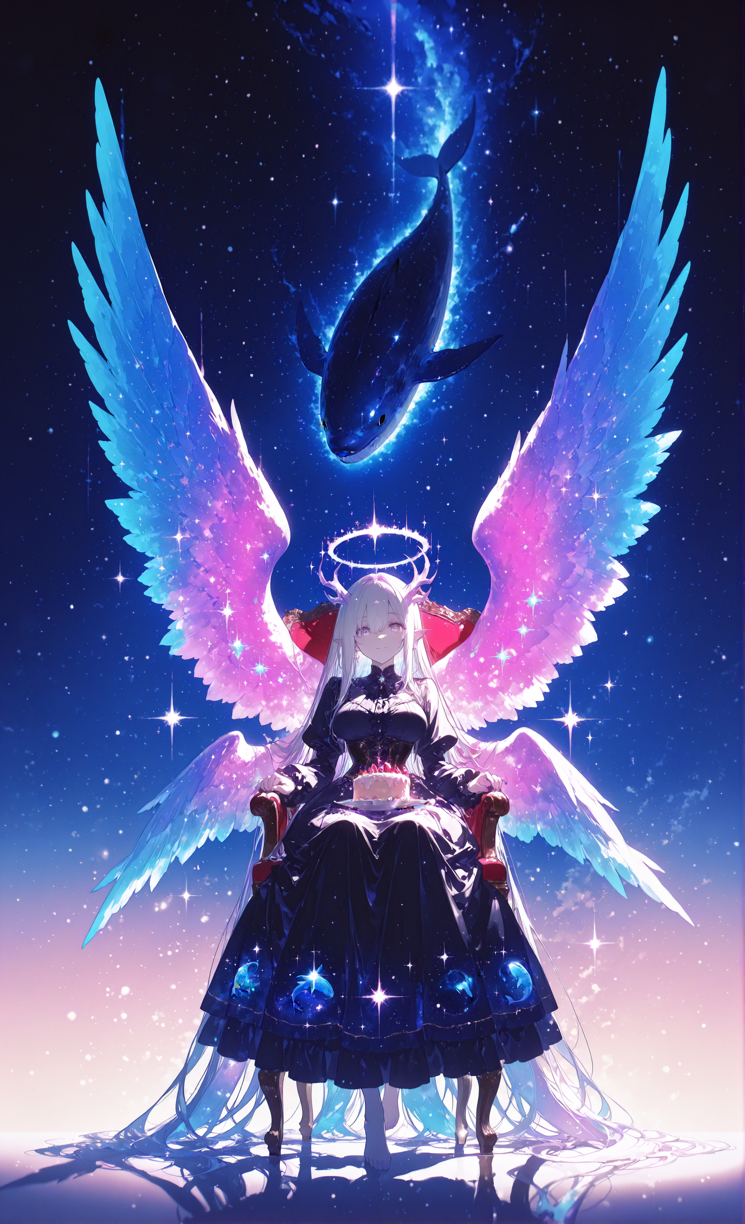 masterpiece, sharp detail, intricate detail, 1girl ,(rella, konya karasue), floating hair, pale skin, (multiple wings), pointy ears, halo, multiple horns, long hair, , white hair, absurdly long hair, monster girl, large breasts, huge wings,  feathered wings, (holographic colors, light painting wings, glowing feather), facing viewer,  looking at viewer, full body, multicolored hair, colored inner hair, inner nebula print wings, (neon palette), sitting on chair, table, plate, cake, corset, Victorian dress, barefoot, soft smile, blue sky, gradient sky, single tree, BREAK light and shadow contrast, chiaroscuro, volumetric lighting, dappled light, dramatic shadows, cinematic lighting, detailed background, BREAK (whale in space), cosmic whale, space creature, glowing whale, neon lines on whale, <lora:aboba_prime_3:0.7>, <lora:Bright_style:0.7> Bright_illu, sparkle,