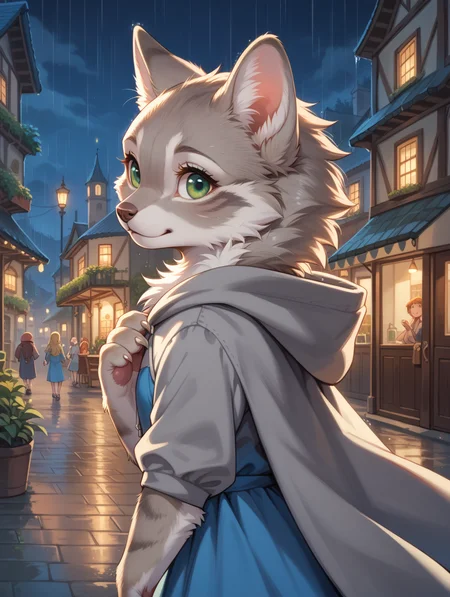 score_9, score_8_up, score_7_up,
masterpiece, best quality,
cowboy shot, night, fluffy, (feral), outdoors, furry, female, bright green eyes, grey fur, grey ears, claws, (fluffy cheeks:0.4), grey hooded cape, hood up, (blue dress), cute, in the style of beatrix potter, cel-shading, fca style, village, night, rain, (dark:1.5), backlit, (side view:1.3), (upper body shot), look back