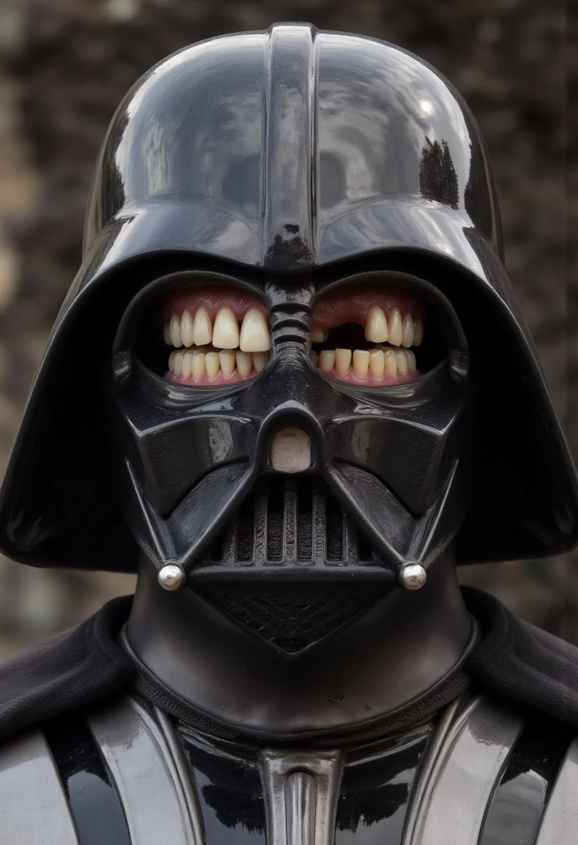 Darth Vader with human teeth and black gums, d4nt4 a mouth with missing teeth