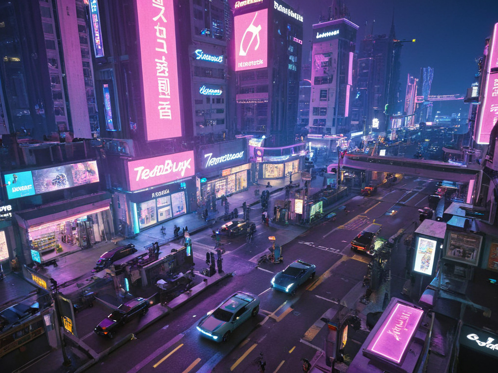 citybkg, cyberpunk, night, ambiance, detailed, street, futuristic, city lights, billboards on buildings, neons, aerial front view, city lights, high buildings, low buildings, shops, shop signs, illuminated, people, traffic, cars, <lora:City_Worlds:1>