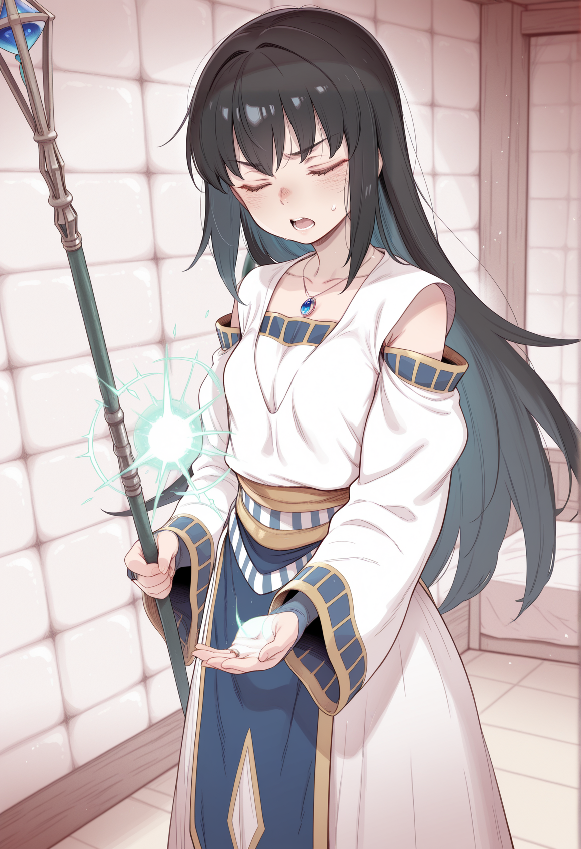 nurami \(shouji\), ter \(otokoter\), 1girl, serious, solo, black hair, long hair, pendant, green eyes, white dress, long sleeves, wide sleeves, detached sleeves, bare shoulders, bridal gauntlets, holding staff, indoors, padded walls, casting spell, holy magic, closed eyes, open mouth, small breasts <lora:viki_illus:1>, masterpiece, best quality, amazing quality, very aesthetic, absurdres, highres, newest