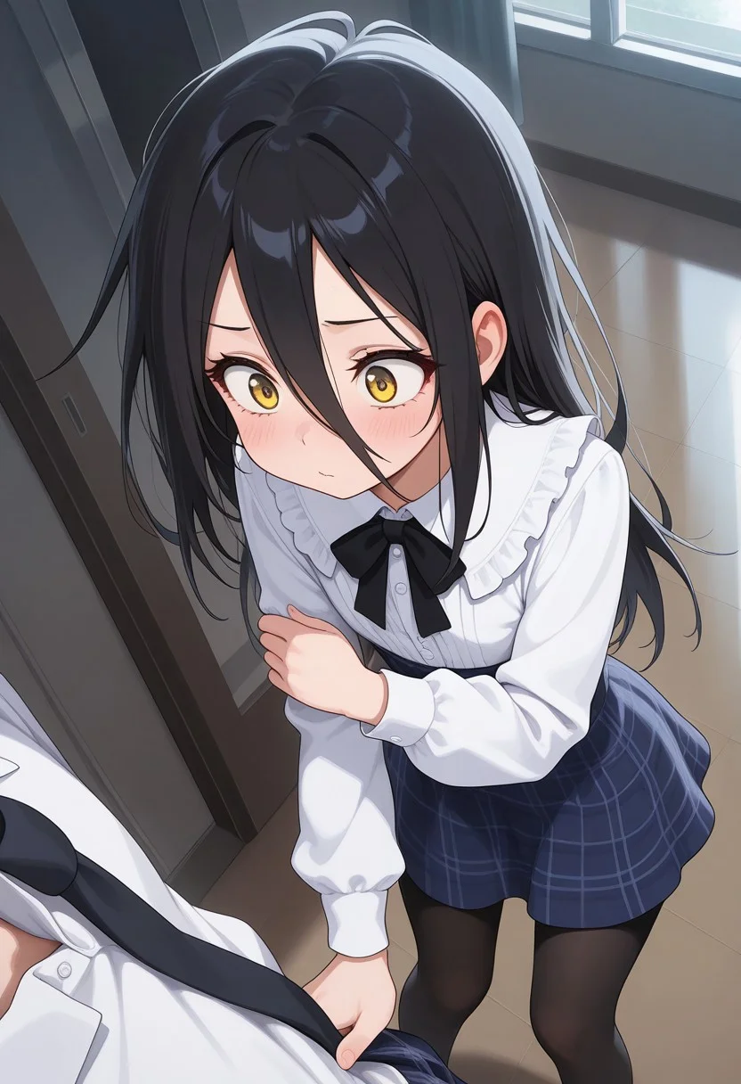 masterpiece, best quality, amazing quality,
KHA_ONE, hair between eyes, long hair, yellow eyes, black hair, plaid skirt, black pantyhose, white shirt, black bow, frilled, blue skirt, dress