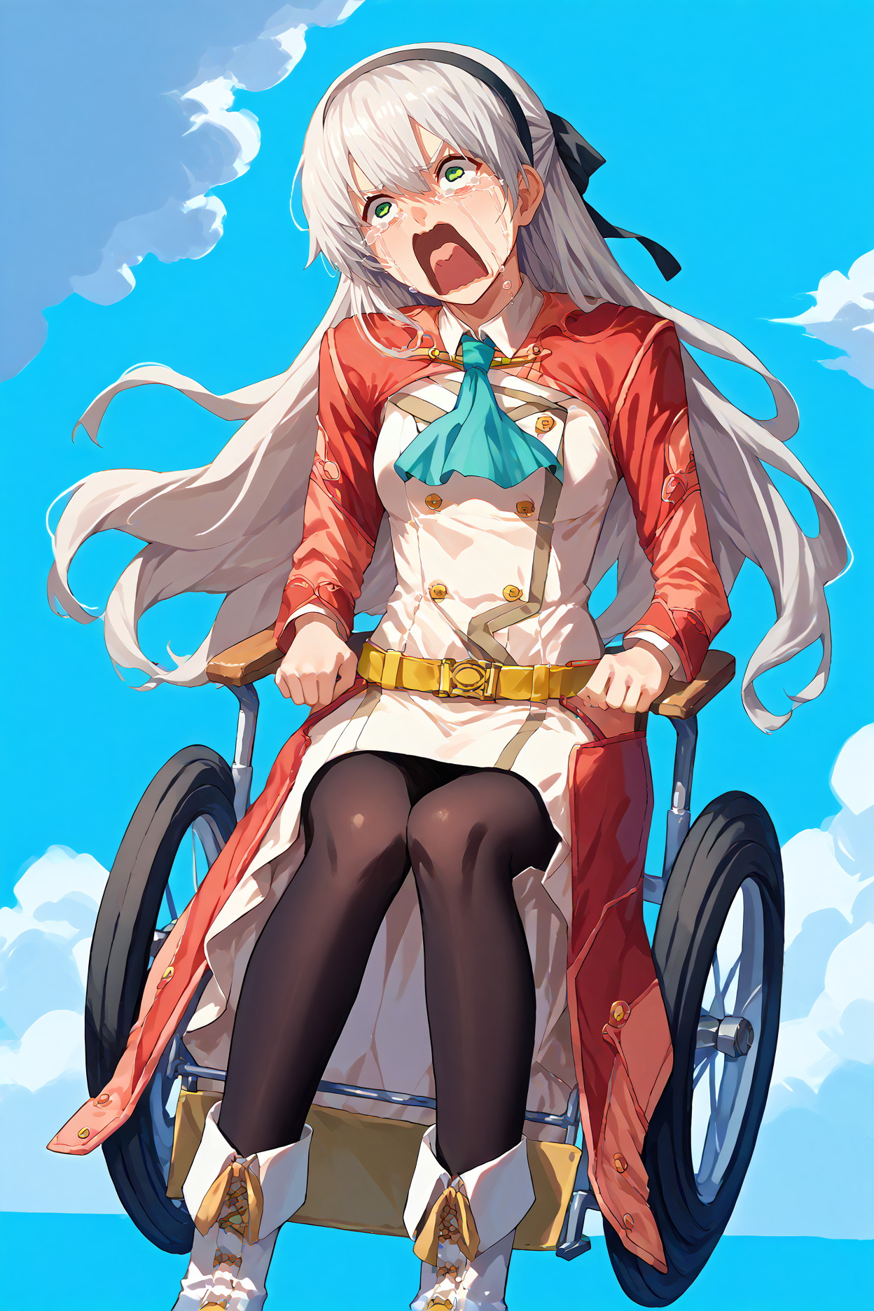 score_9, score_8_up, score_7_up, score_6_up, source_anime, 1girl, solo, <lora:elie-pdxl-nvwls-v2:1> zeroelie, grey hair, long hair, green eyes, black hairband, hair ribbon, black ribbon, red shrug top, blue ascot, white dress, yellow belt, skirt, black pantyhose, white boots <lora:Wheelchair_XLPD:1> wheelchair, sitting, midair, clouds, blue sky, blue background <lora:concept_aquascreaming_ponyXL:1> aquascreaming, screaming, open mouth, crying with eyes open, wide shot, full body, motion blur