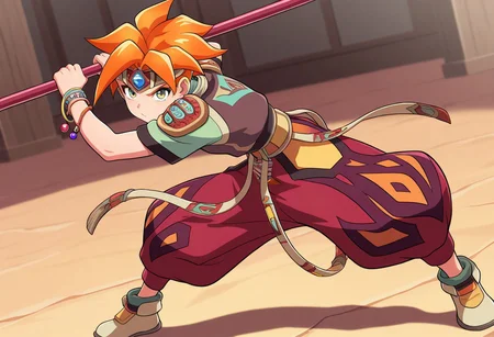 masterpiece, best quality, amazing quality, very aesthetic, absurdres, newest, terranigmark, spiky orange hair, pauldrons with faces, jeweled headband, print shirt, green sleeves, bracelets, belt with dangling straps, red baggy pants, shoes, holding bo staff, action pose