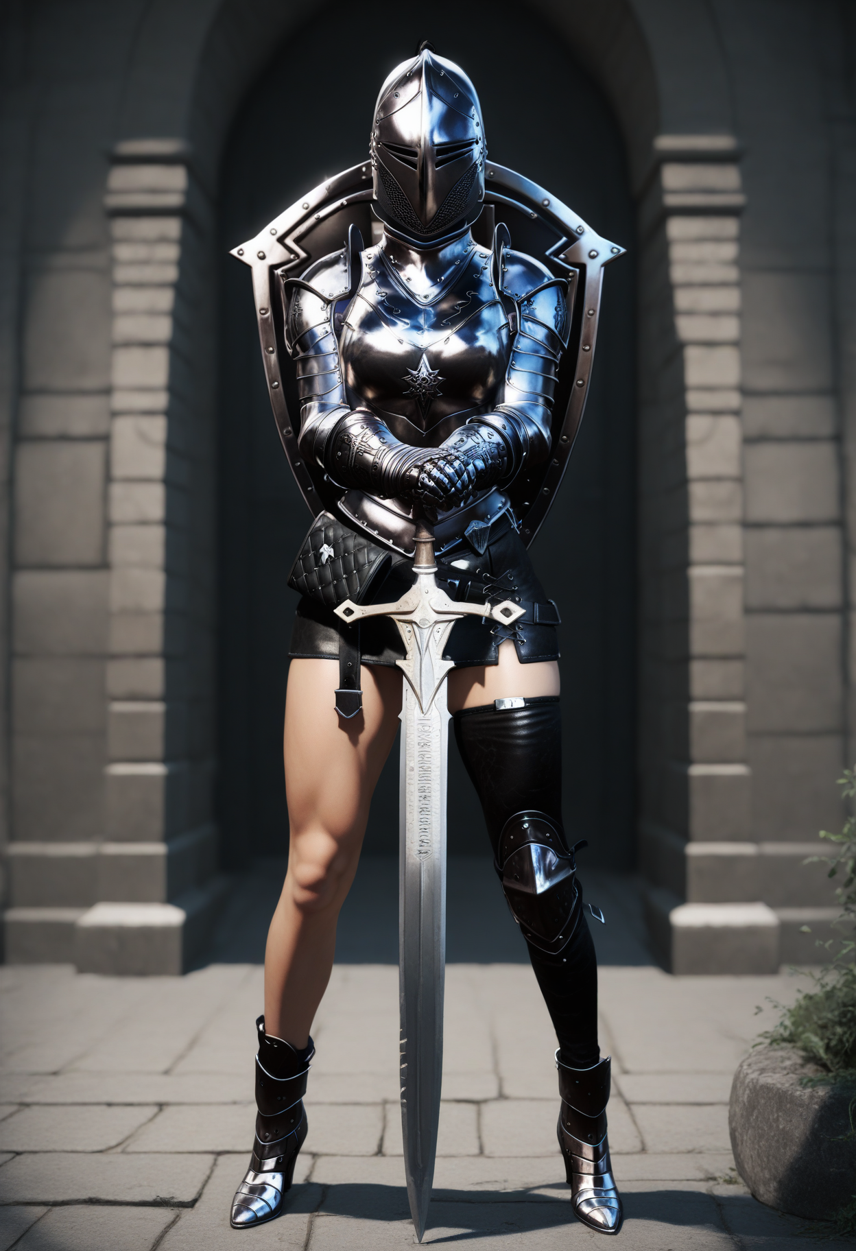 ((masterpiece, best quality, newest, absurdres, highres)),
1girl, solo,
legs apart, planted sword:hands on hilt, facing viewer,
full body, depth of field,
<lora:Dark_DarkKnight_Illust_v1:0.8> d4rkkn1ght, armor, gauntlets, skirt, single thighhigh:zettai ryouiki, boots, helmet, shield:shield on back,