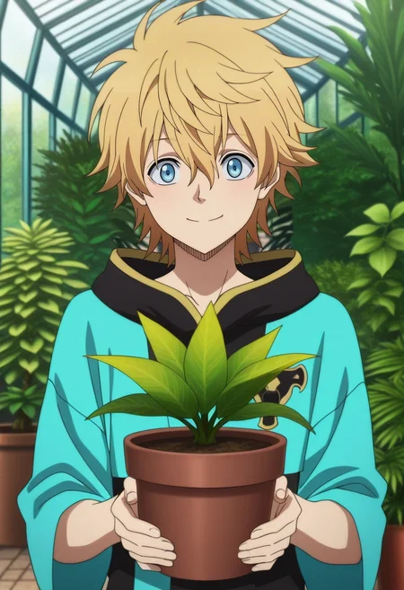 masterpiece, best quality, , anime screencap, anime coloring, official style, , 1boy, solo, male focus, <lora:luck_voltia_ilxl:0.92>, luck_voltia, blonde hair, blue eyes, short hair, hair between eyes, , , greenhouse, lush plants, holding potted plant, serene expression, warm natural light,