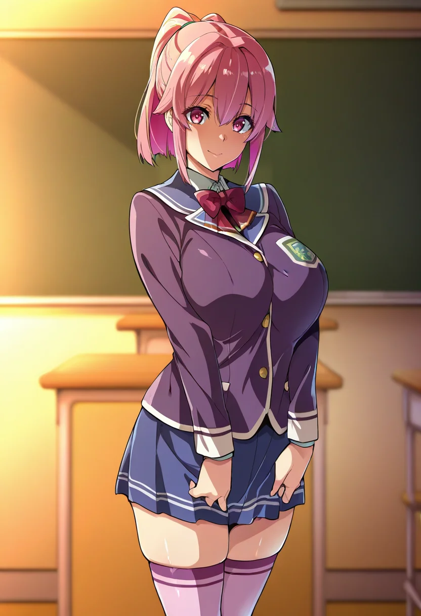 masterpiece, best quality, <lora:Takeda_Hiromitsu:1> T4k3d4H1r0m1ts0, 1girl, solo,standing,looking at viewer, happy, closed mouth,pink hair, ponytail, pink eyes, large breasts, school uniform, bow, long sleeves, skirt, skindentation, thighhighs, indoors, classroom,