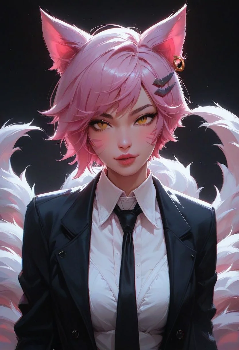Ahri,
,score_9, score_8_up, score_7_up, rating_safe,girl,seductive, cool, perfect body,Tilt head,2.5d,ornament,narrow waist,big breasts,short hair,pixie cut,large breasts,yellow eyes,Vertical slit pupils,pink hair,
HI-res,masterpiece,black suit with shirt and slack,handsome appearance ,black neckties,Tomgirl ,
simple background ,black background