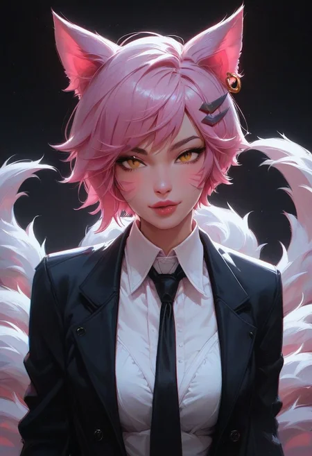 Ahri,
,score_9, score_8_up, score_7_up, rating_safe,girl,seductive, cool, perfect body,Tilt head,2.5d,ornament,narrow waist,big breasts,short hair,pixie cut,large breasts,yellow eyes,Vertical slit pupils,pink hair,
HI-res,masterpiece,black suit with shirt and slack,handsome appearance ,black neckties,Tomgirl ,
simple background ,black background