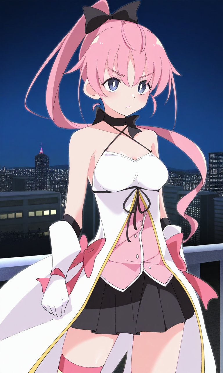 1girl, solo, rinlilustea, magical girl, pink hair, ponytail, long hair, hair bow, blue eyes, bright pupils, outdoors, city, night, cowboy shot, serious