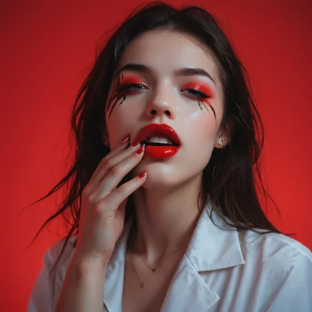 score_9, score_8_up, score_7_up, photograph, 1girl, solo, supermodel, pale skin, detailed, professional photoshoot, cinematic lighting, head out of frame, full red lips, teeth, lipstick, simple red background, (wiping mouth, wiping makeup, (((wiping with the back of the hand))), g0thicPXL, glowing, neon, Expressiveh