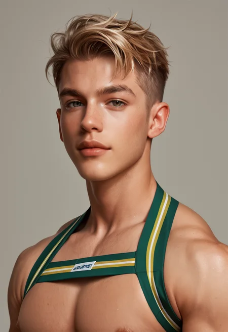score_9, score_8_up, score_7_up, , score_6_up, , score_5_up <lora:coyote_jock_harness_pony_epoch_3:1> closeup, man wearing a green jock_harness, looking at viewer