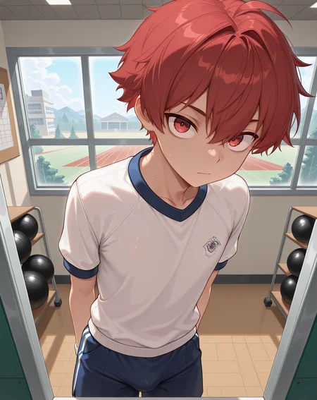 masterpiece,best quality,amazing quality, newest, very aesthetic, absurdres,
1boy, solo, yaoi, male focus, looking at viewer, cowboy shot, standing,
<lora:Elsword_Root_Knight_ilxl:1> elswordrk, red hair, red eyes,
gym uniform, gym shorts, gym shirt,
indoors, gym,