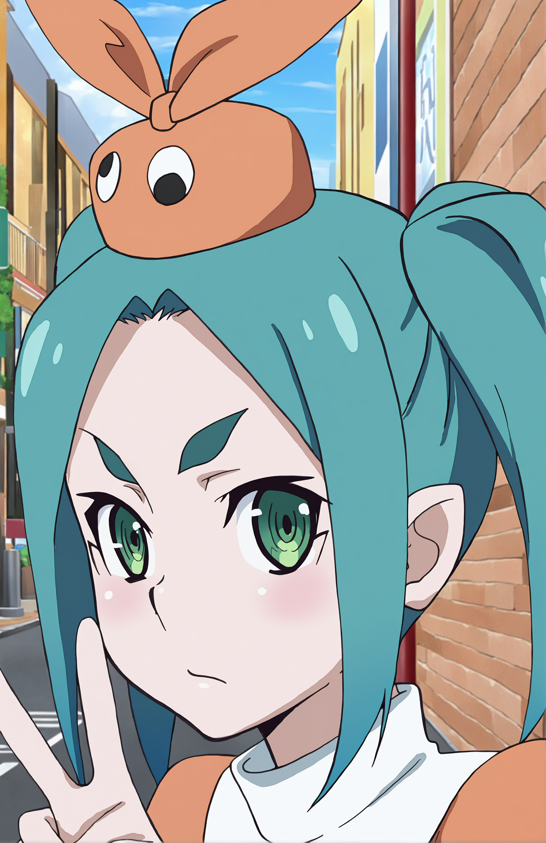 ChaikaStyle, OnonokiYotsugi. 1girl, aqua hair, twintails, green eyes, orange hat, orange dress, short sleeves, street, face focus, (V), portrait, front view, posing
