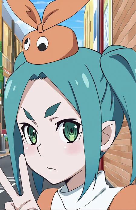 ChaikaStyle, OnonokiYotsugi. 1girl, aqua hair, twintails, green eyes, orange hat, orange dress, short sleeves, street, face focus, (V), portrait, front view, posing