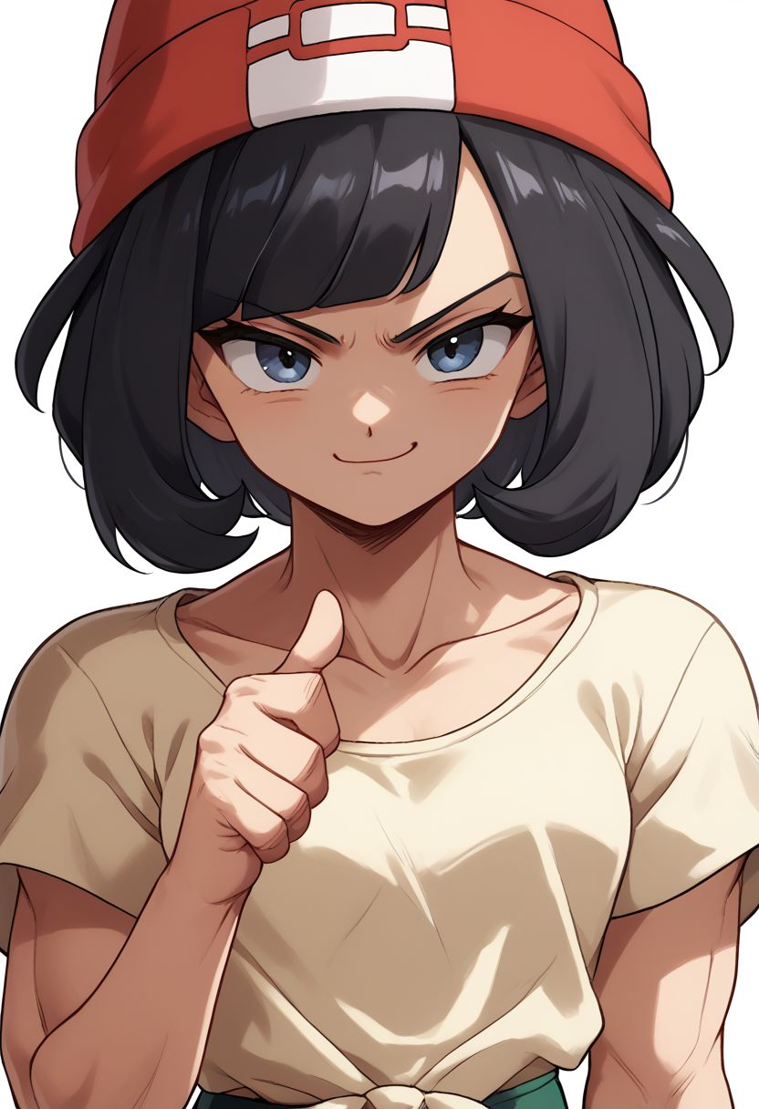 score_7_up, score_8_up, score_9_up, (((thumbcurse))), female focus, pokemonselene, black hair, blue eyes, short hair, bangs, blunt bangs, beanie, collarbone, green shorts, hat, red headwear, shirt, short sleeves, shorts, tied shirt, yellow shirt, 1girl, body,perfect hands, <lyco:GoodHands-beta2:1>, one thumb up, self portrait, smug, smirk, simple background, field, looking at viewer, muscular, close up view