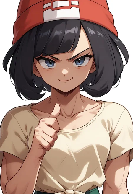 score_7_up, score_8_up, score_9_up, (((thumbcurse))), female focus, pokemonselene, black hair, blue eyes, short hair, bangs, blunt bangs, beanie, collarbone, green shorts, hat, red headwear, shirt, short sleeves, shorts, tied shirt, yellow shirt, 1girl, body,perfect hands, <lyco:GoodHands-beta2:1>, one thumb up, self portrait, smug, smirk, simple background, field, looking at viewer, muscular, close up view