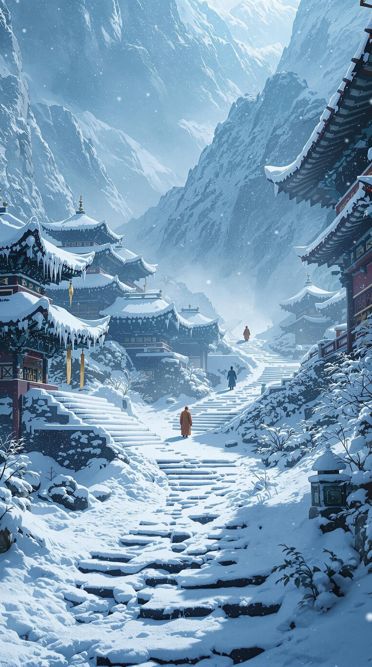 Snow-covered Senpou Temple complex in misty mountains. Heavy snow blankets curved rooftops and stone stairs. Solitary monk in saffron robes leaves single trail of footprints through pristine snow. In distance, partially concealed by gently falling snowflakes, stands Wolf's silhouette. Temple bells hang motionless, frosted with ice. Scene bathed in cool blue-white winter light with limited visibility through mountain mist. Serene beauty juxtaposed with lurking danger, characteristic of FromSoftware's environmental storytelling.
