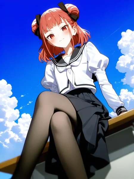 <lora:NOOB_vp1_detailer_by_volnovik_v1>, very awa, masterpiece, best quality, year 2024, newest, highres, absurdres, iren lovel, keishin, konya karasue, <lora:Suzunomiya Arisu:0.8>, 1girl, suzunomiya arisu, school uniform, white shirt, black sailor collar, white neckerchief, juliet sleeves, black skirt, long skirt, black pantyhose, blue sky, cloudy sky, classroom, sitting on desk, crossed legs, smile, blush, from below, dutch angle,
