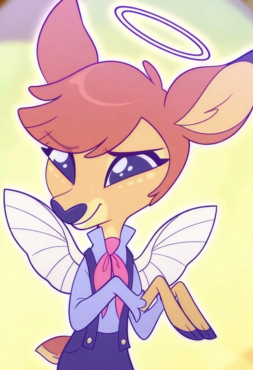 deerie, anthropomorphic fawn, light brown fur with lemon accents, brown hair, animal ears, angle, halo, wings, dark blue overalls over a brighter colored, long-sleeved shirt with a pink bow hanging from the collar