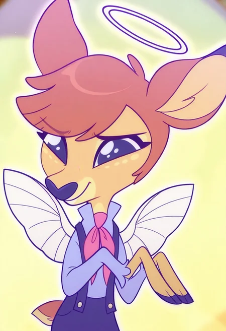 deerie, anthropomorphic fawn, light brown fur with lemon accents, brown hair, animal ears, angle, halo, wings, dark blue overalls over a brighter colored, long-sleeved shirt with a pink bow hanging from the collar